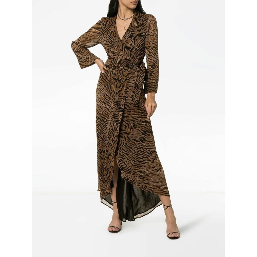 Ganni Wrap Dress Brown Tiger Print Long Sleeve High Low Maxi 38